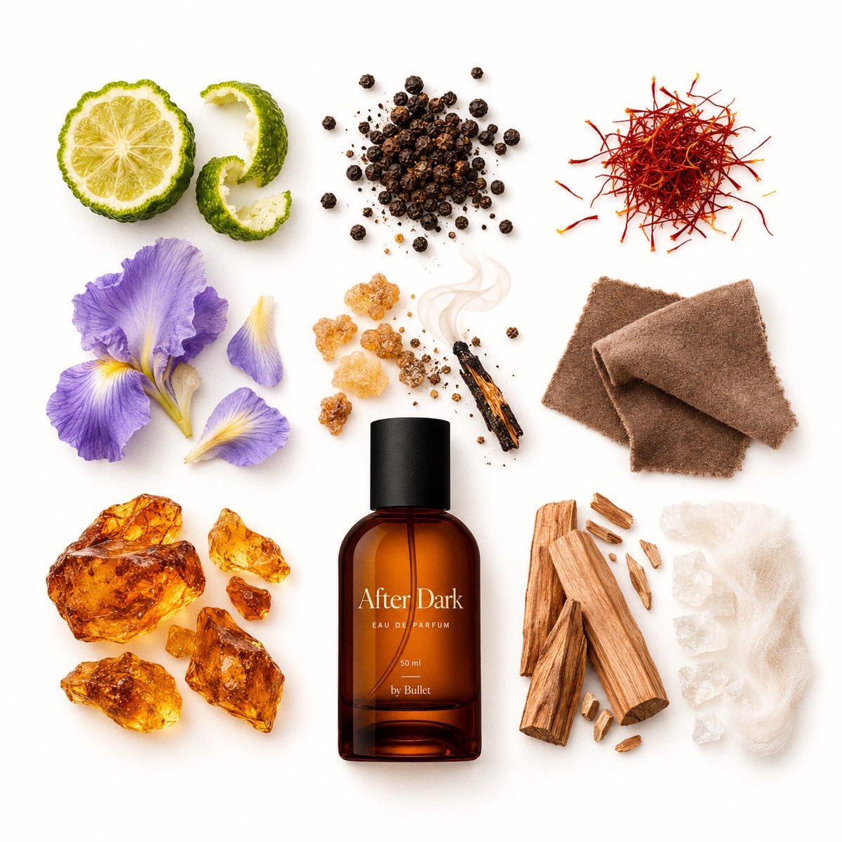 A perfume bottle labeled 'After Dark' by Bulle, centered on a white background and surrounded by ingredient-inspired botanical and spice elements including lime slices, black peppercorns, saffron threads, purple flowers, amber pieces, cinnamon sticks, and folded brown fabric.