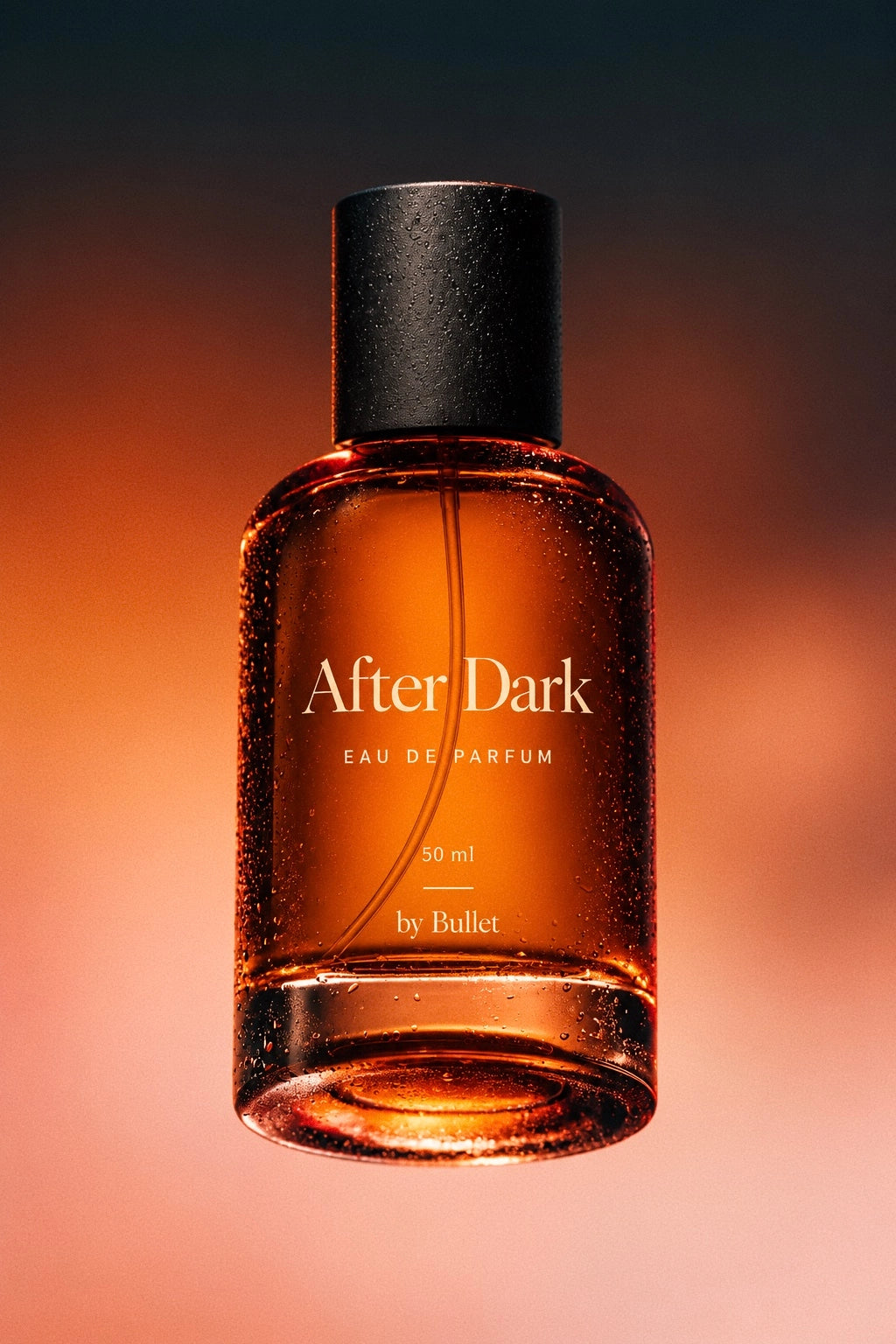 A 50ml bottle of After Dark Eau De Parfum by Bullet, featuring amber-colored liquid in a clear glass bottle with a matte black cap, set against a warm orange and dark gradient background.