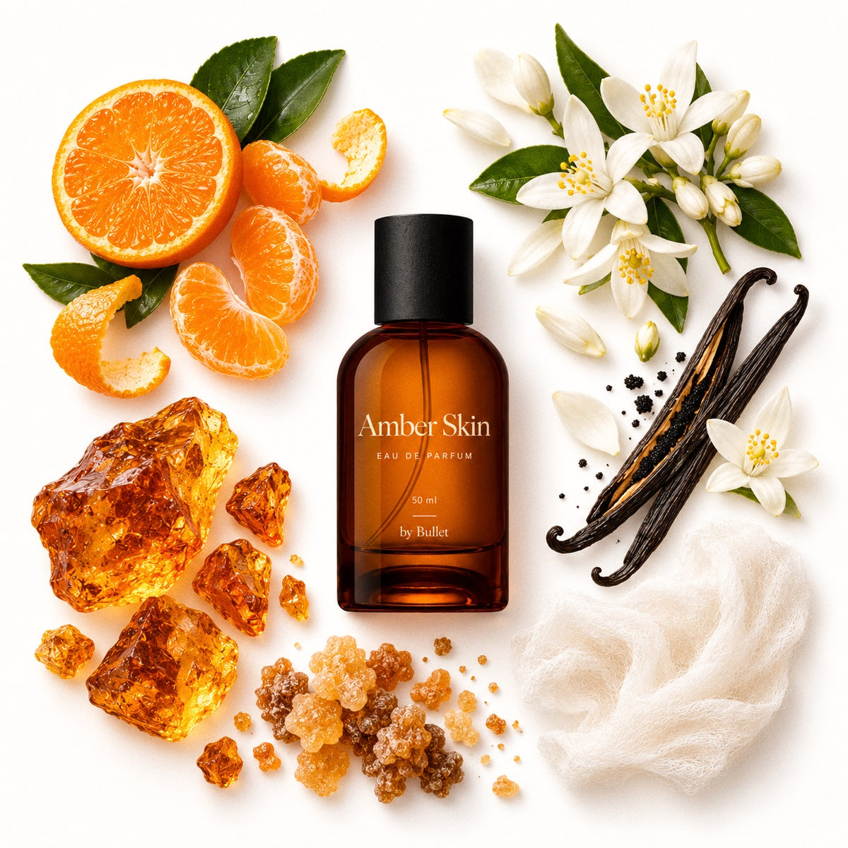 A bottle of amber skin emulsion by Buffer is arranged in a flat lay with citrus slices, white flowers, vanilla beans, amber crystals, and a white cotton pad on a white background.