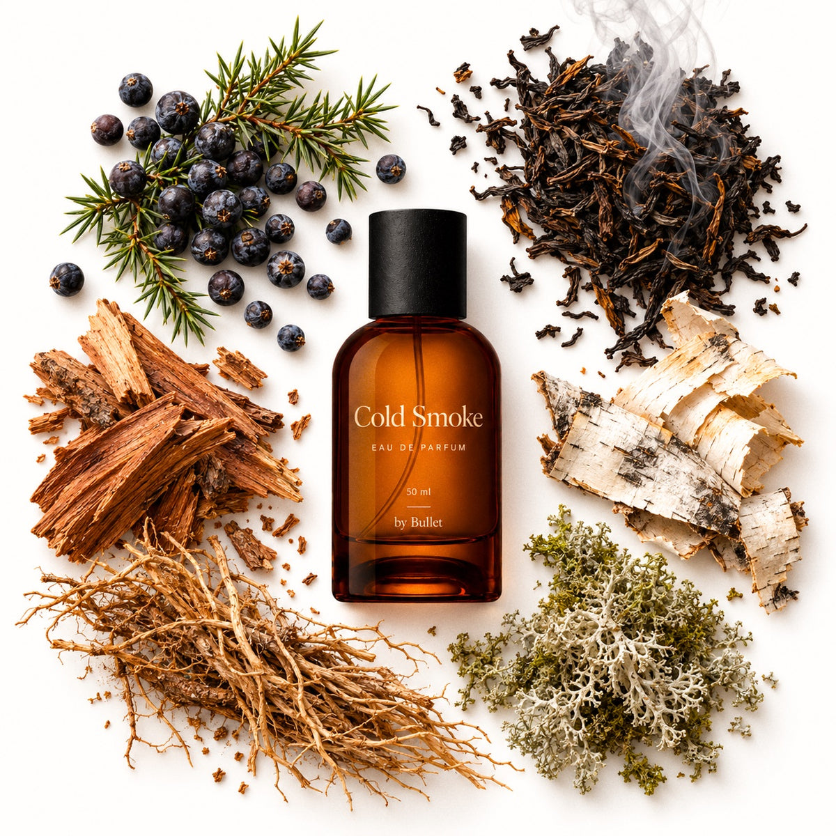 An amber glass bottle labeled 'Cold Smoke Eau de Parfum' by Bulle, styled in a flat lay with natural ingredients including blueberries, birch bark, dried leaves, pine needles, and moss on a white background.